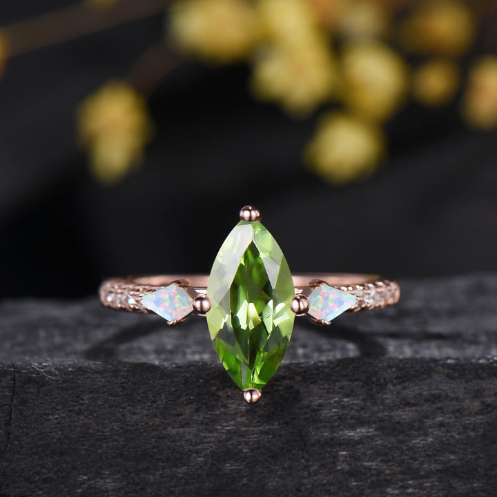 1CT Natural Marquise Cut Peridot Engagement Ring Set, Three Stone August Birthstone Opal Wedding Ring Set, Pave Diamond Stacking Band