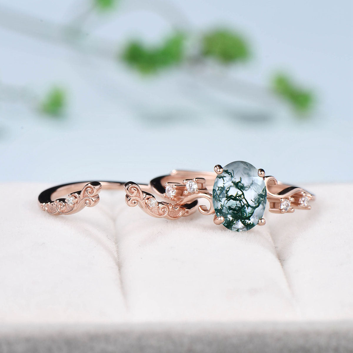 Retro Natural moss agate engagement ring set 1.5CT oval aquatic agate cluster diamond wedding ring set Vintage green crystal Proposal Gift - PENFINE