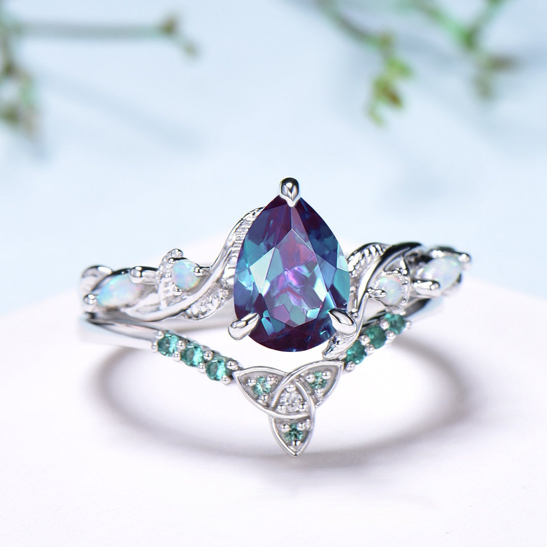 Unique Alexandrite Engagement Ring Set Infinity Opal Emerald Celtic Norse Viking Bridal Ring Set Art Deco Color Change Anniversary Ring - PENFINE