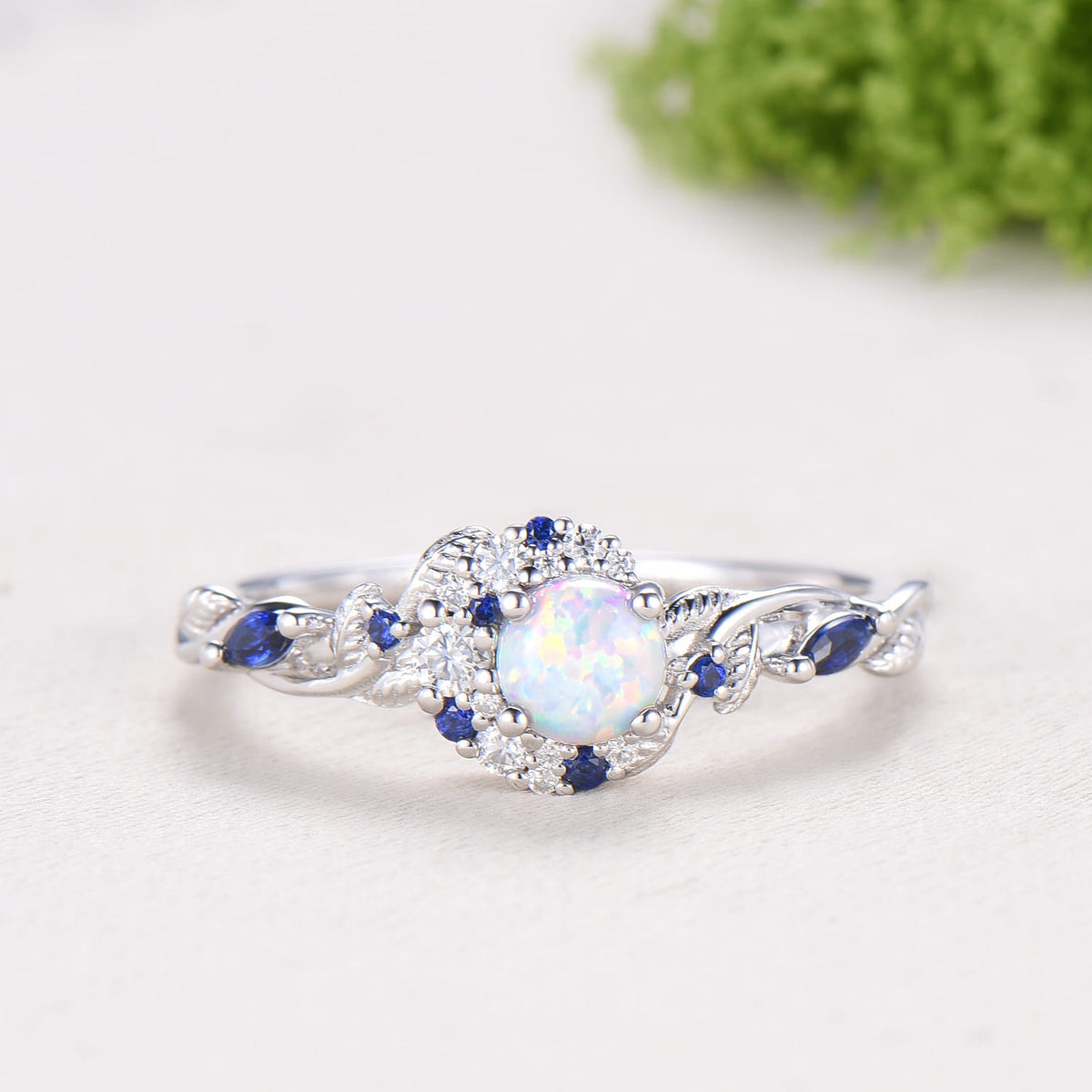 5mm Round White Opal Sapphire Engagement Ring Moon Style Cluster Moissanite Wedding Ring Women Nature Inspired Band October Birthstone Gift