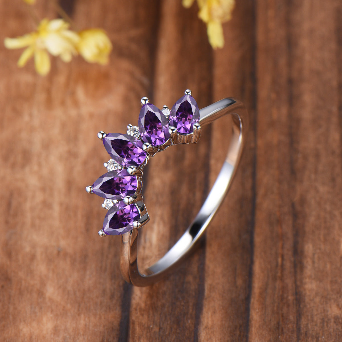 Vintage Amethyst Five Stone Curved Wedding Band, 14K Rose Gold Stacking Ring