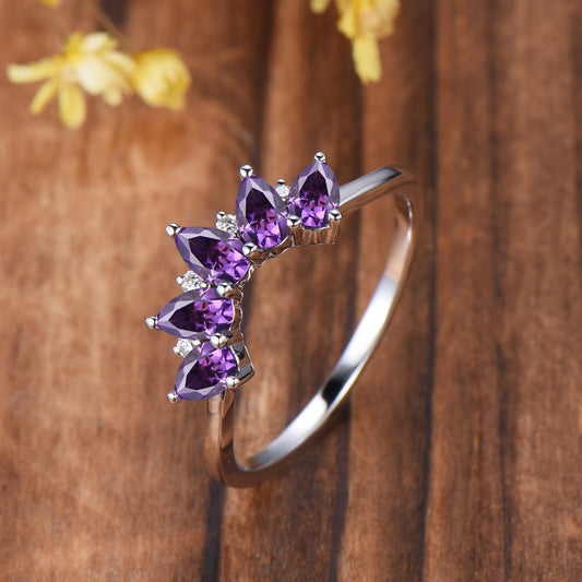Vintage Amethyst Five Stone Curved Wedding Band, 14K Rose Gold Stacking Ring