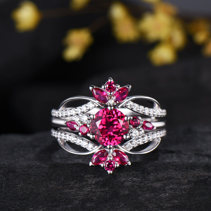 Vintage Snowdrift Ruby Engagement Ring Set: 14K White Gold Moissanite Wedding Set