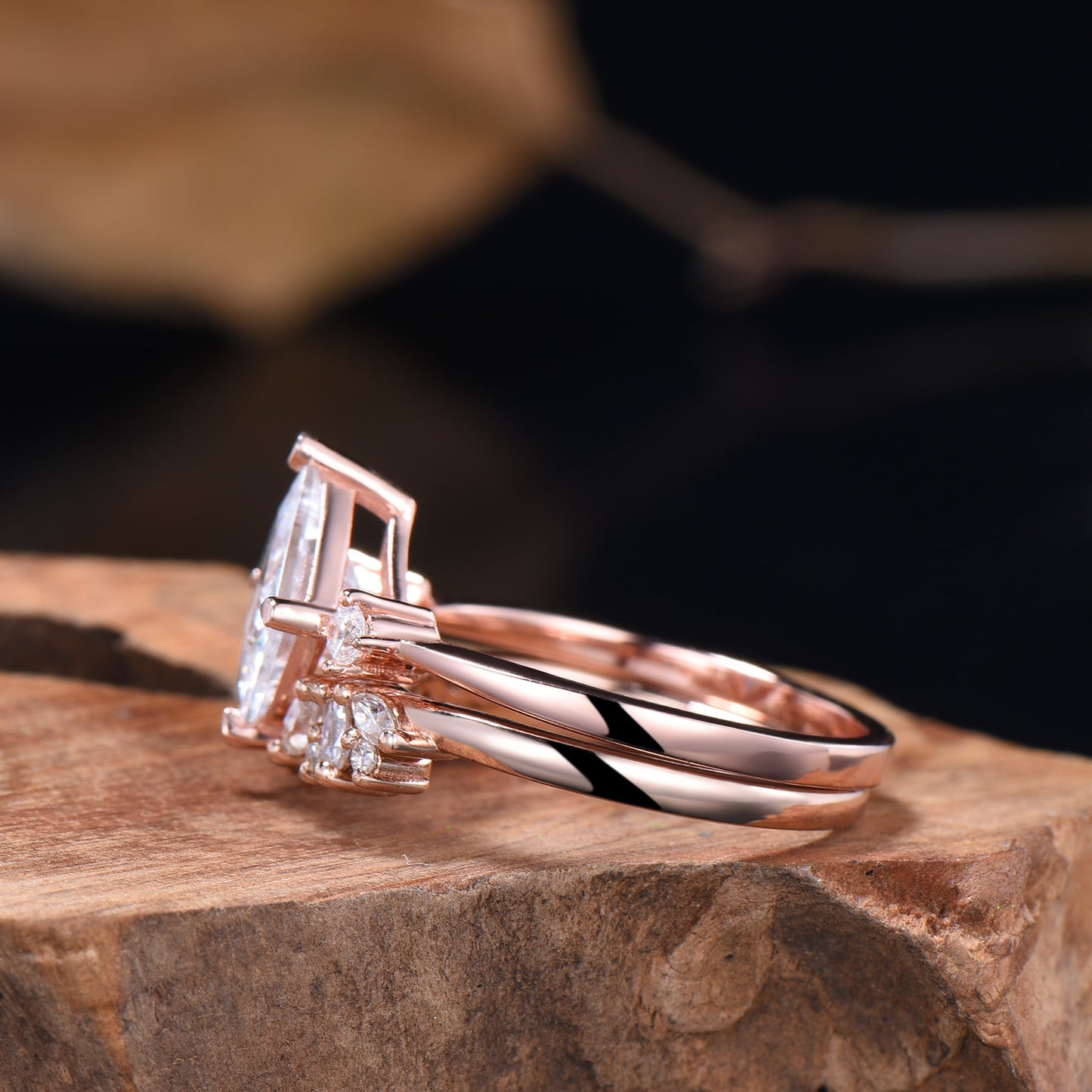 2CT Princess Shaped Moissanite Three Stone Engagement Ring Diamond Cluster Open Gaps Stacking Band Rose Gold Wedding Bridal Set Women Gifts - PENFINE