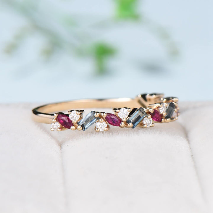 Vintage Alexandrite Ruby Eternity Wedding Band Women Unique Baguette Alexandrite Stackable Ring Marquise Ruby Matching Band Anniversary Gift - PENFINE