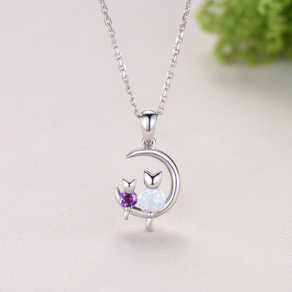 Dainty cat opal amethyst necklace silver white gold moon family pendant personalized Jewelry