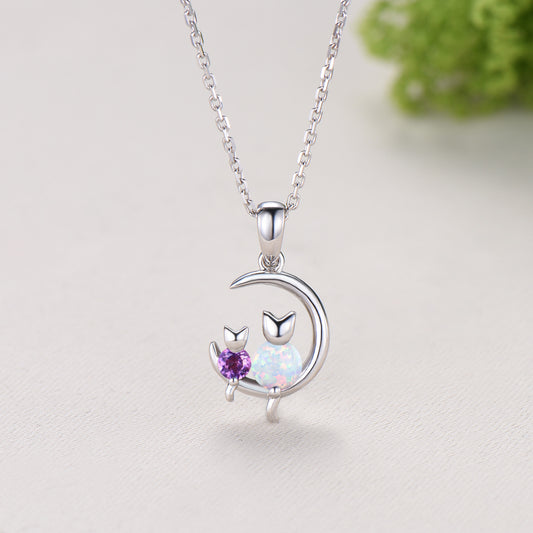 Dainty cat opal amethyst necklace silver white gold moon family pendant personalized Jewelry