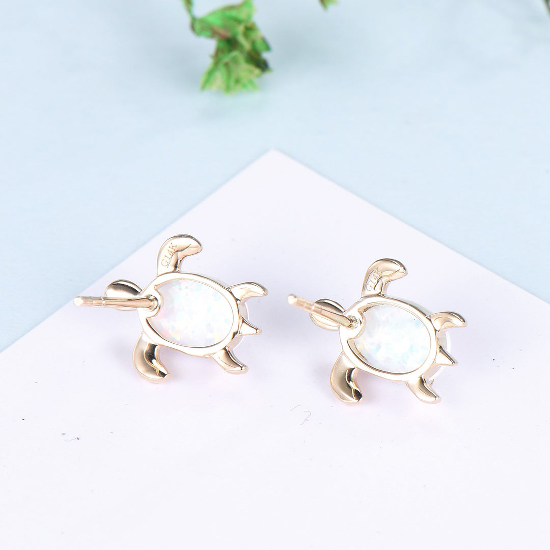 Dainty Fire Opal Earrings Yellow Gold Ocean Series Little Turtle Synthetic Opal Earrings October birthstone Handmade Proposal Gift - PENFINE