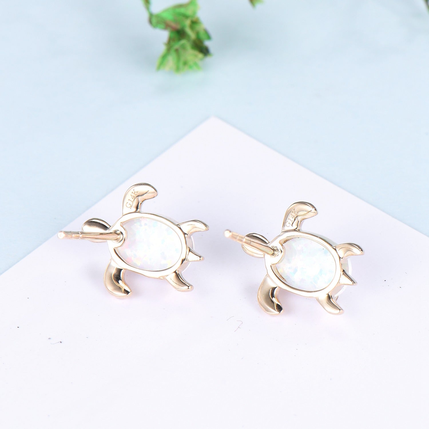 Dainty Fire Opal Earrings Yellow Gold Ocean Series Little Turtle Synthetic Opal Earrings October birthstone Handmade Proposal Gift - PENFINE