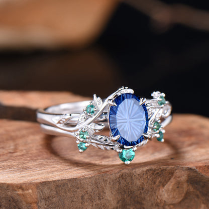 Oval Shaped Fantasy Cut Sapphire Leaf Bridal Set Emerald Nature Inspired Ring
