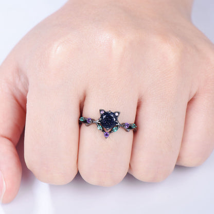 Dainty 5mm Round Blue Sandstone Ring Vintage Galaxy Starry Engagement Ring Black Gold Cat Promise Ring Marquise Emerald Wedding Ring for Her - PENFINE