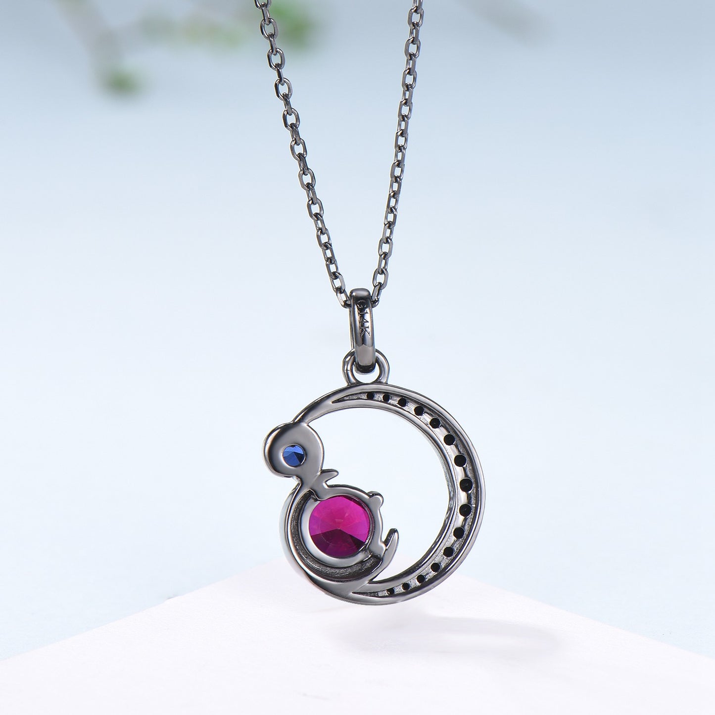 Unique Black Gold Ruby Necklace Magic Crescent Moon Ruby Sapphire Pendant Necklace Magic Crescent Moon Gothic Anniversary Gift for Daughter - PENFINE