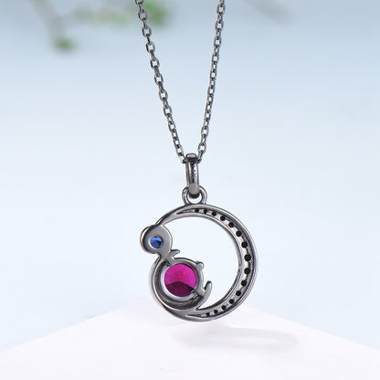 Unique Black Gold Ruby Necklace Magic Crescent Moon Ruby Sapphire Pendant Necklace Magic Crescent Moon Gothic Anniversary Gift for Daughter - PENFINE