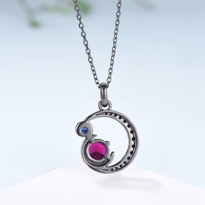 Unique Black Gold Ruby Necklace Magic Crescent Moon Ruby Sapphire Pendant Necklace Magic Crescent Moon Gothic Anniversary Gift for Daughter - PENFINE