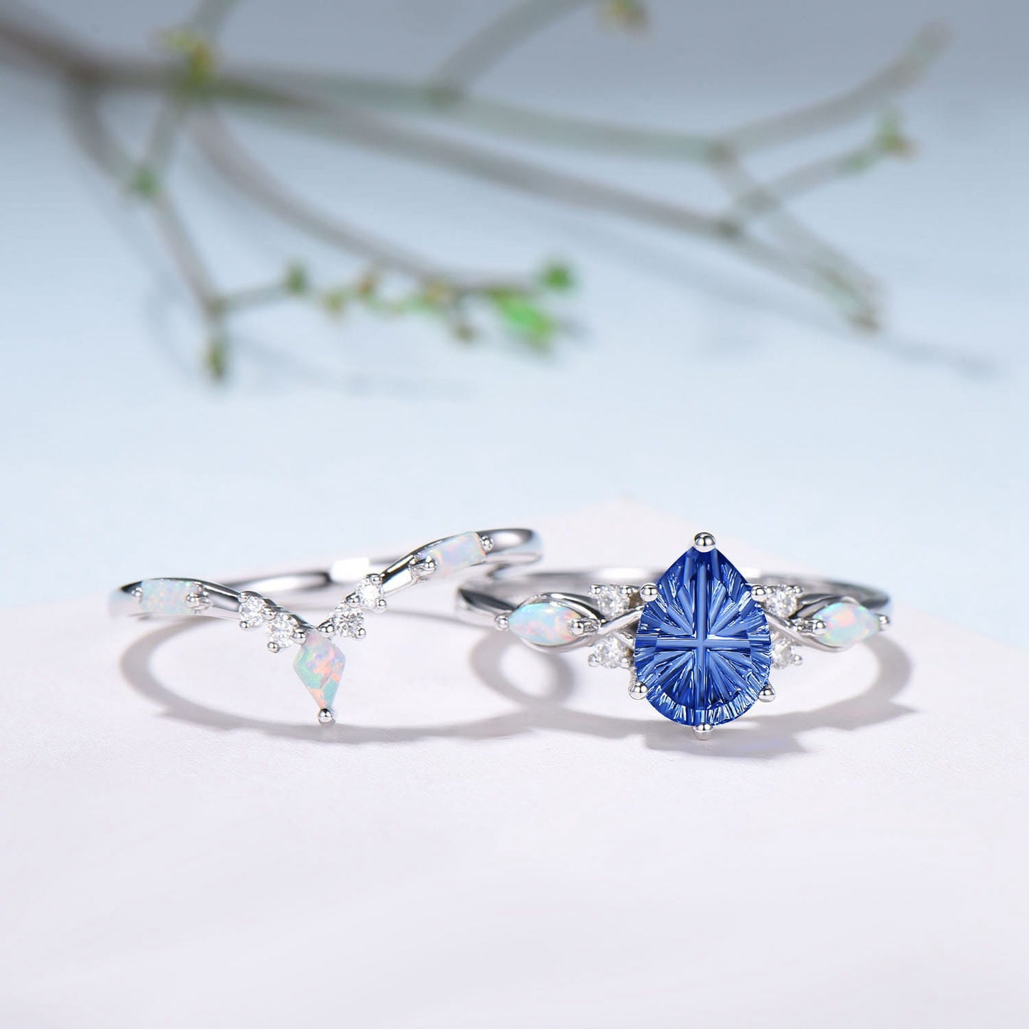 Vintage Starburst Cut Blue Sapphire Wedding Ring Set Pear Shaped July Birthstone Engagement Ring Set Unique Cluster Opal Wedding Set