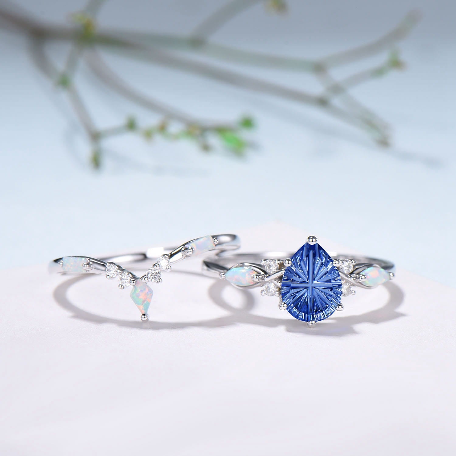 Vintage Starburst Cut Blue Sapphire Wedding Ring Set Pear Shaped July Birthstone Engagement Ring Set Unique Cluster Opal Wedding Set