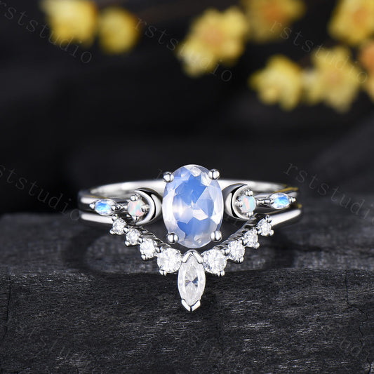 Vintage 1.5CT Oval Moonstone Engagement Ring Set Marquise Moonstone Opal Moon Wedding Ring Set Art Deco Stacking Anniversary Ring For Women