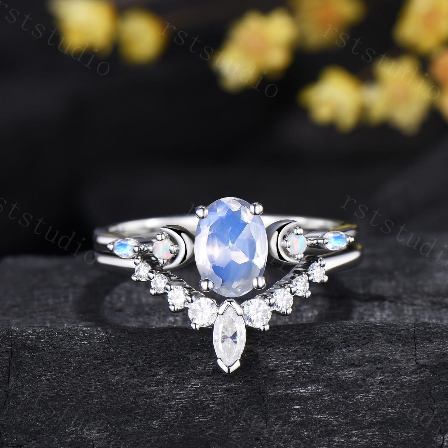 Vintage 1.5CT Oval Moonstone Engagement Ring Set Marquise Moonstone Opal Moon Wedding Ring Set Art Deco Stacking Anniversary Ring For Women