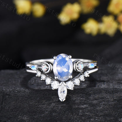 Vintage 1.5CT Oval Moonstone Engagement Ring Set Marquise Moonstone Opal Moon Wedding Ring Set Art Deco Stacking Anniversary Ring For Women