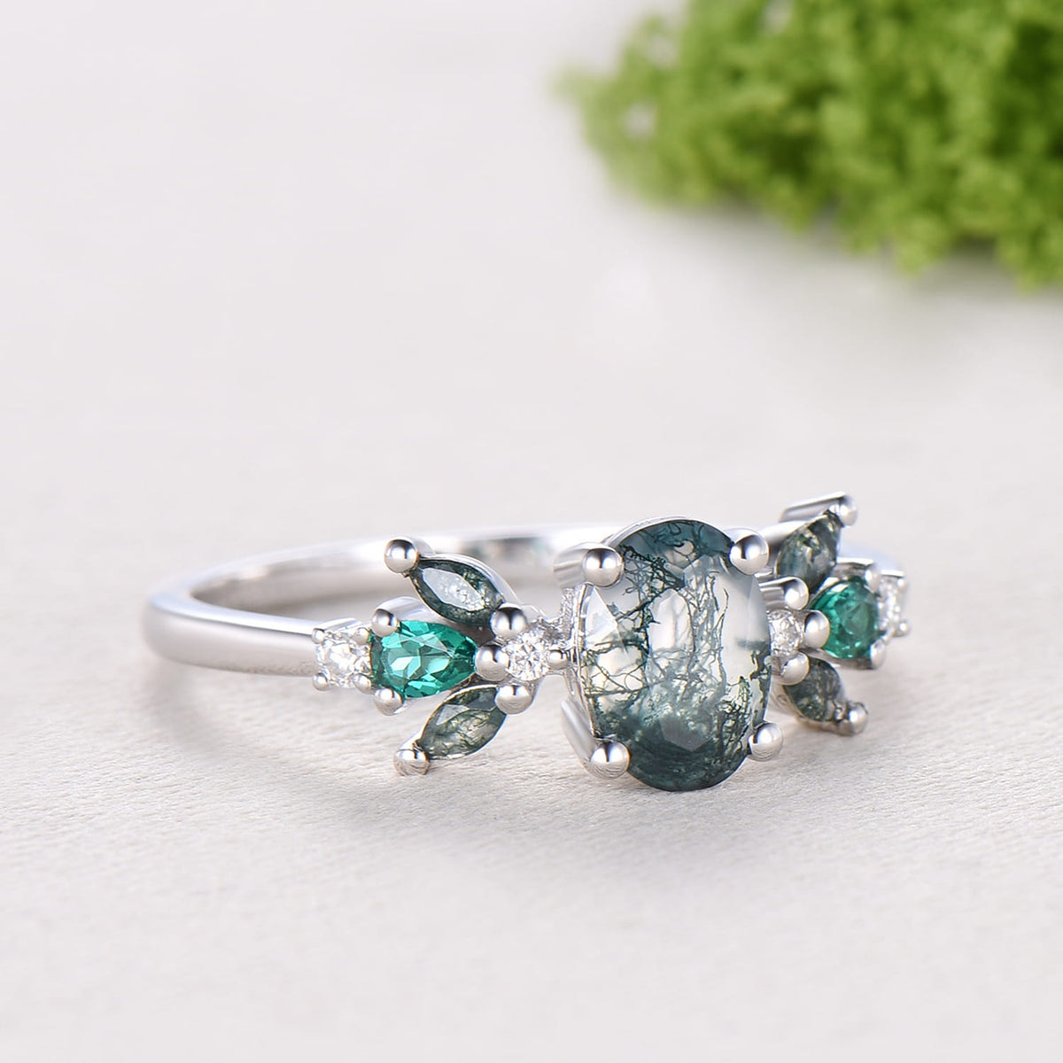 1 carat Oval Vintage Moss Agate Engagement Ring Cluster Pear Emerald Ring for Women