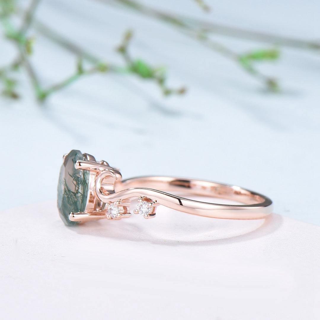 1.5CT Oval Natural Moss Agate Twist Engagement Ring Art Deco Silver Rose Gold Wedding Ring Garden Jewelry Mom's birthstone anniversary gift - PENFINE