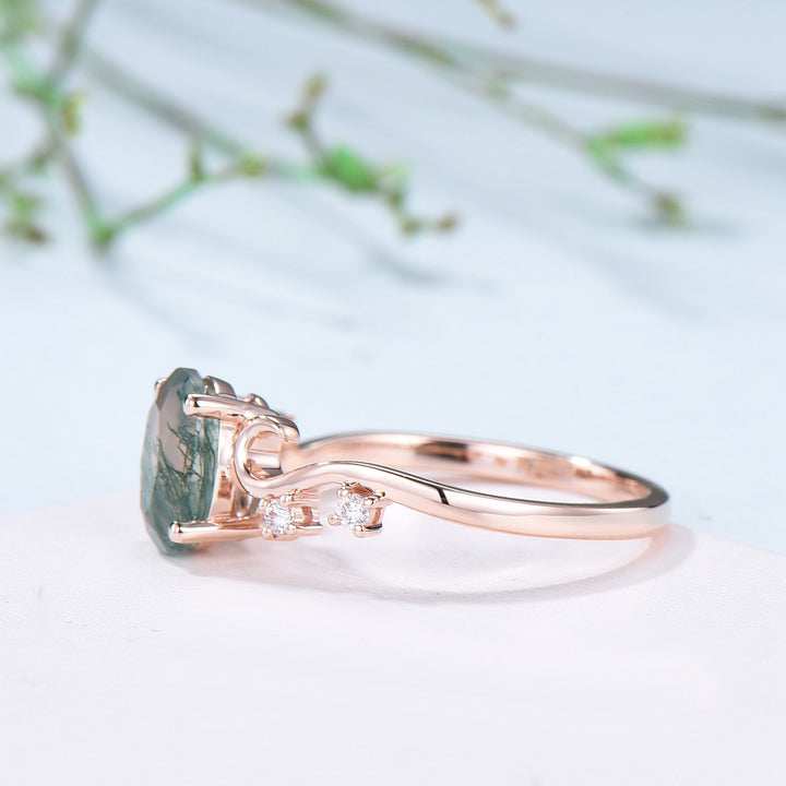 1.5CT Oval Natural Moss Agate Twist Engagement Ring Art Deco Silver Rose Gold Wedding Ring Garden Jewelry Mom's birthstone anniversary gift - PENFINE