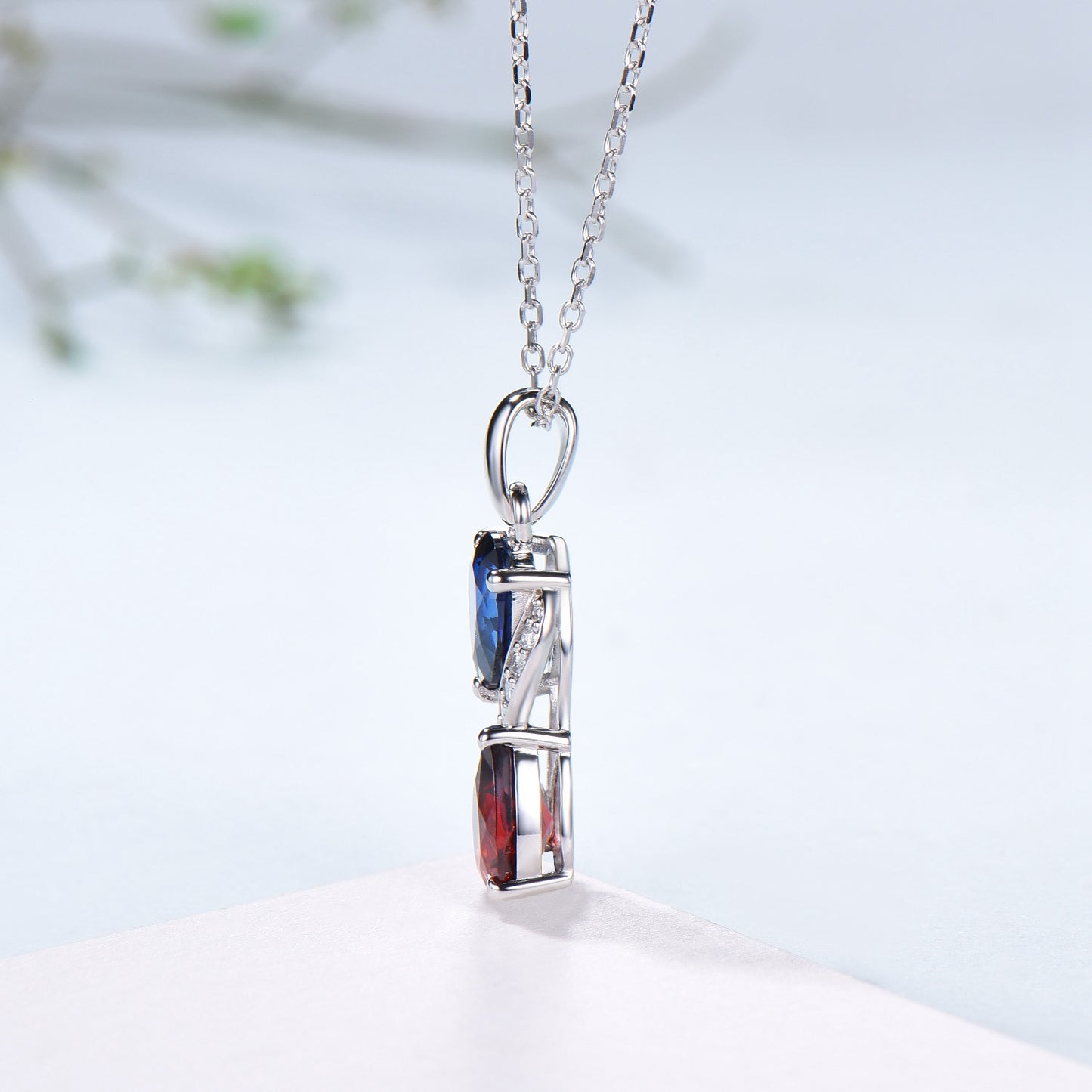 Sapphire Garnet Snake Pendant Necklace, Moissanite Diamond Accent, 14K White Gold - PENFINE