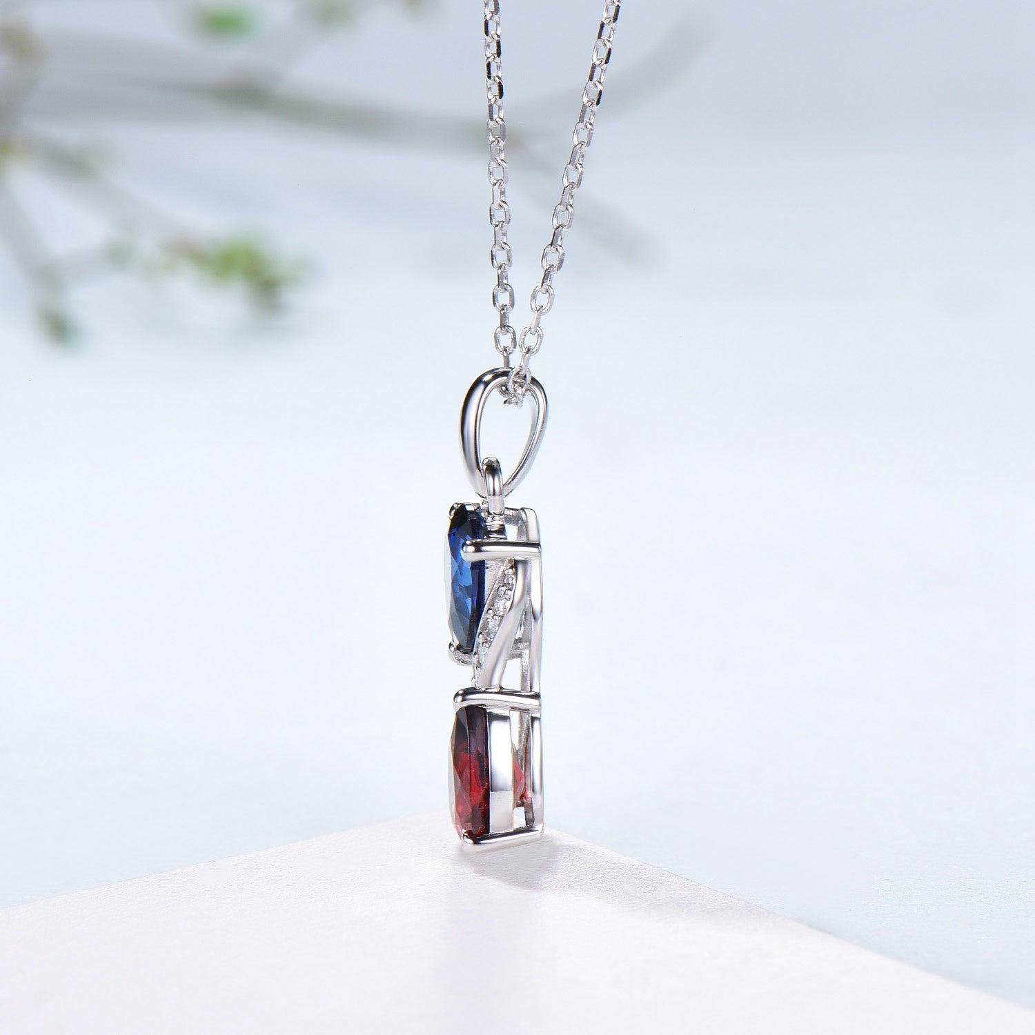 Sapphire Garnet Snake Pendant Necklace, Moissanite Diamond Accent, 14K White Gold - PENFINE
