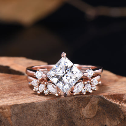2CT Princess Shaped Moissanite Three Stone Engagement Ring Diamond Cluster Open Gaps Stacking Band Rose Gold Wedding Bridal Set Women Gifts - PENFINE