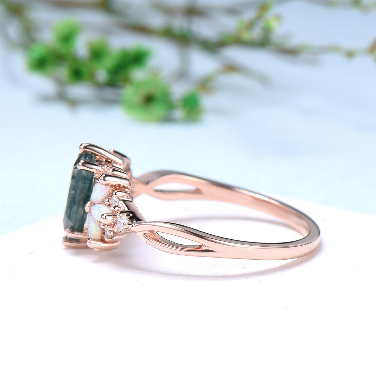 Vintage Long Hexagon cut green moss agate engagement ring cluster marquise cut opal wedding ring art deco infinity band ring for women