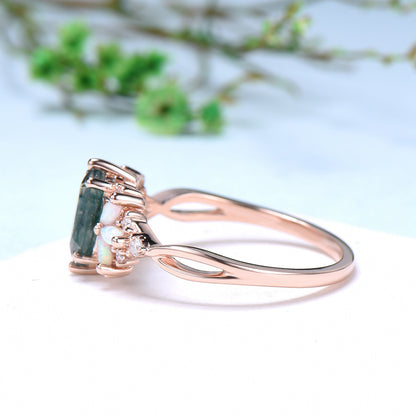 Vintage Long Hexagon cut green moss agate engagement ring cluster marquise cut opal wedding ring art deco infinity band ring for women