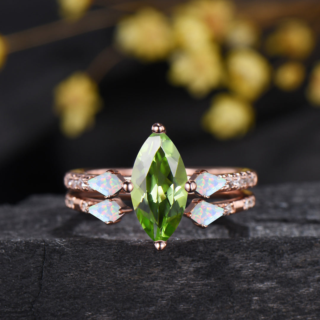 1CT Natural Marquise Cut Peridot Engagement Ring Set, Three Stone August Birthstone Opal Wedding Ring Set, Pave Diamond Stacking Band