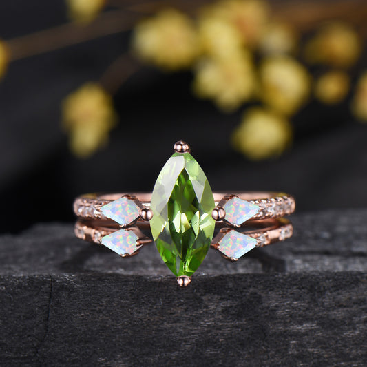 1CT Natural Marquise Cut Peridot Engagement Ring Set, Three Stone August Birthstone Opal Wedding Ring Set, Pave Diamond Stacking Band