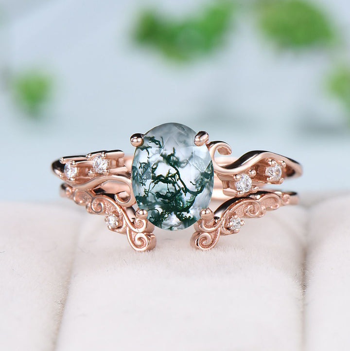 Retro Natural moss agate engagement ring set 1.5CT oval aquatic agate cluster diamond wedding ring set Vintage green crystal Proposal Gift - PENFINE