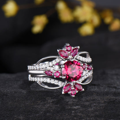 Vintage Snowdrift Ruby Engagement Ring Set: 14K White Gold Moissanite Wedding Set