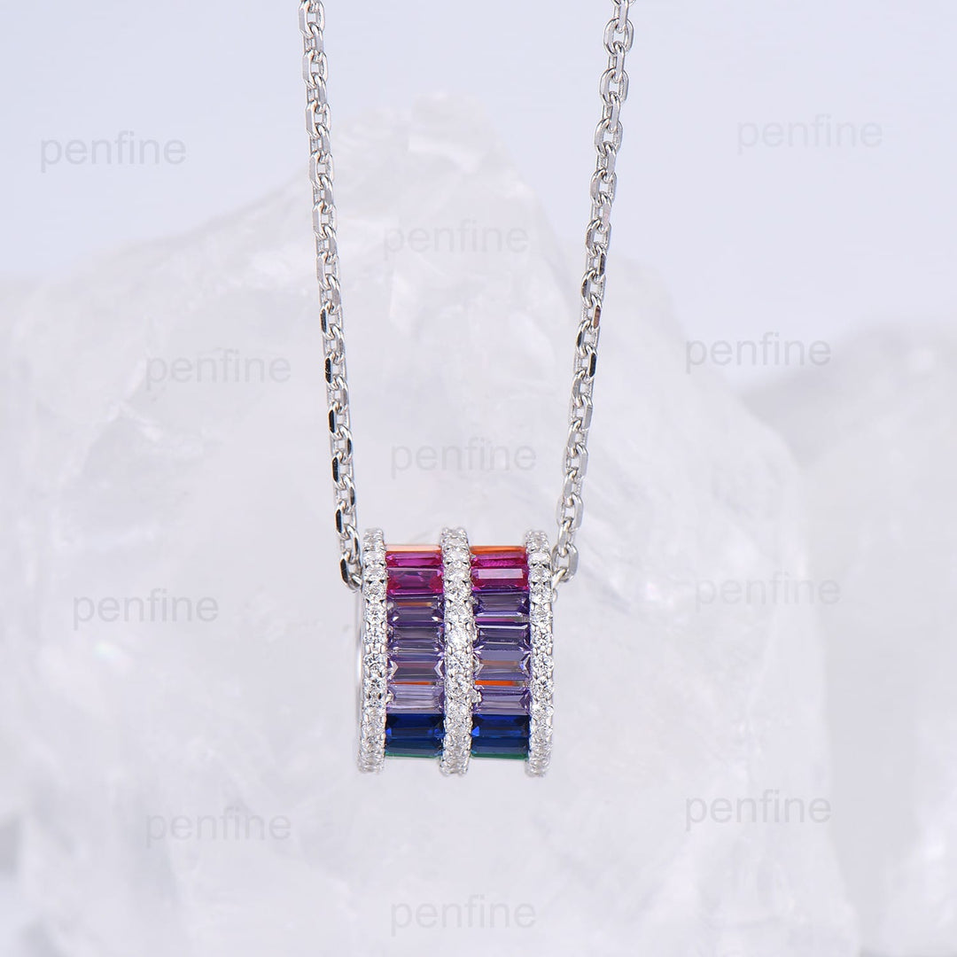 Vintage Pendant Necklace Unique Baguette Women's Personalized Rainbow Necklace Silver 14K/18K White Gold Necklace Birthday Gift - PENFINE