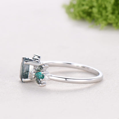 1 carat Oval Vintage Moss Agate Engagement Ring Cluster Pear Emerald Ring for Women