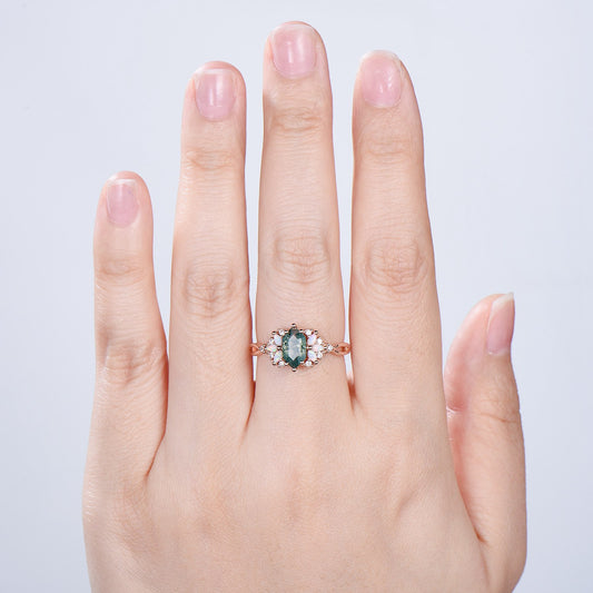 Vintage Long Hexagon cut green moss agate engagement ring cluster marquise cut opal wedding ring art deco infinity band ring for women