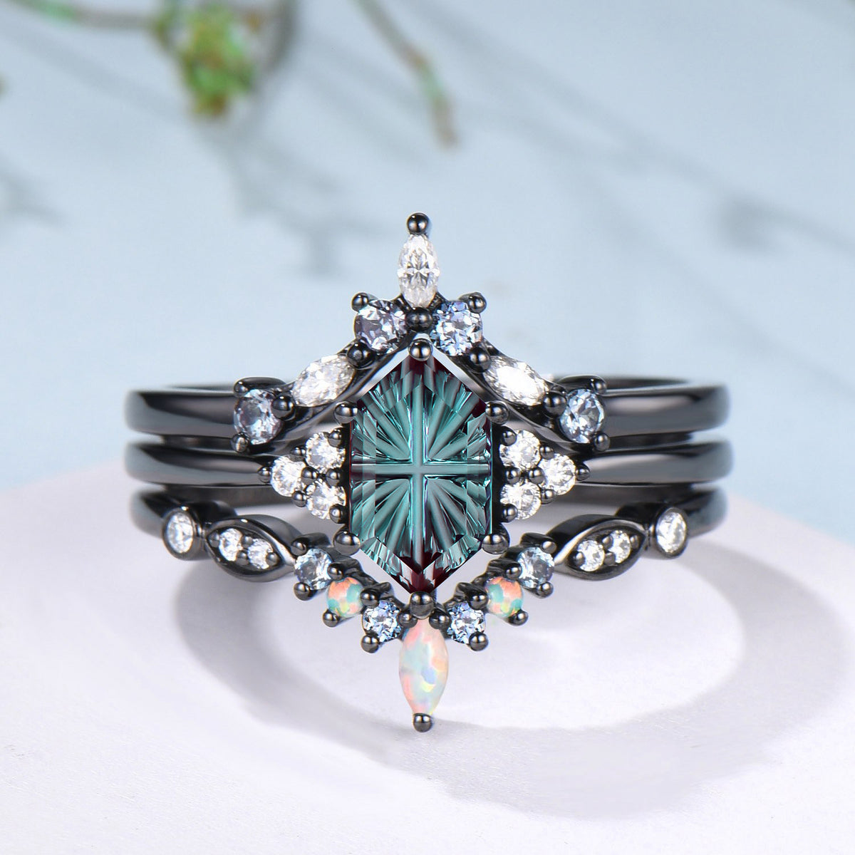 3PC Hexagon Shaped Bridal Ring Set Fantasy Cut Color-change Alexandrite 7 Stone Engagement Ring