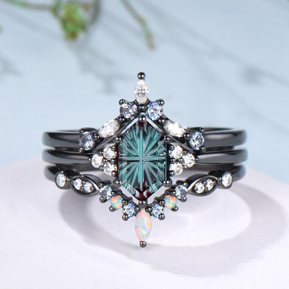 3PC Hexagon Shaped Bridal Ring Set Fantasy Cut Color-change Alexandrite 7 Stone Engagement Ring