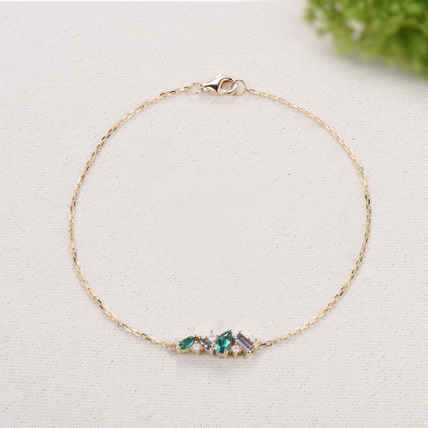 Elegant Pear Shaped Emerald Bracelet Multi-Stone Baguette Alexandrite Moissanite Lobster Claw Bracelet Silver Gold Art Deco Anniversary Gift