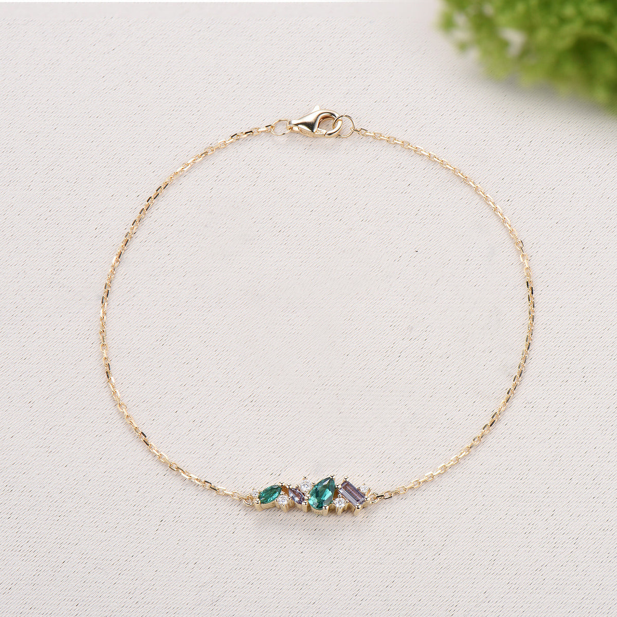 Elegant Pear Shaped Emerald Bracelet Multi-Stone Baguette Alexandrite Moissanite Lobster Claw Bracelet Silver Gold Art Deco Anniversary Gift