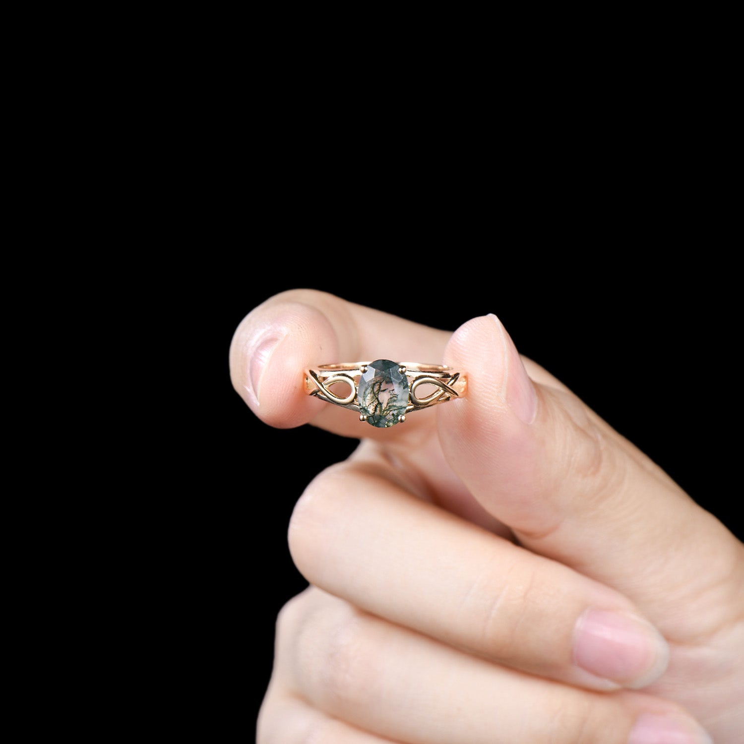 Noese Viking Moss Agate Engagement Ring, Infinite Love Solitaire, Yellow Gold