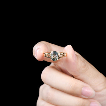 Noese Viking Moss Agate Engagement Ring, Infinite Love Solitaire, Yellow Gold