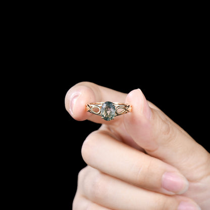 Noese Viking Moss Agate Engagement Ring, Infinite Love Solitaire, Yellow Gold