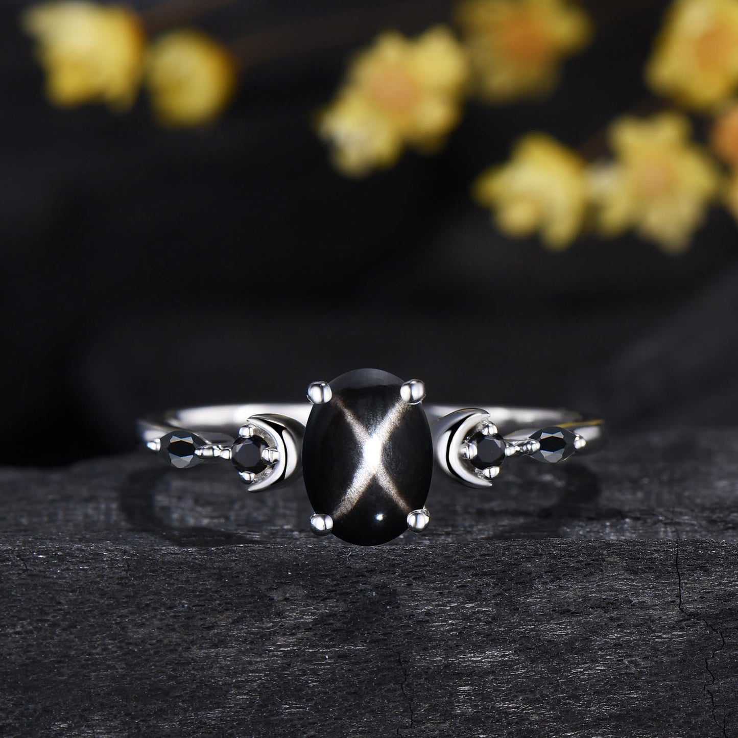 Oval Cut Black Star Sapphire Moon Celestial Wedding Ring Spinel Moissanite Band Unique Bridal Set