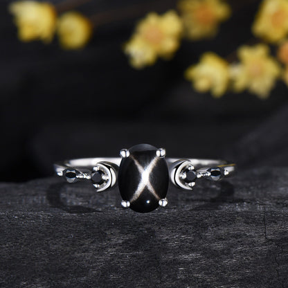 Oval Cut Black Star Sapphire Moon Celestial Wedding Ring Spinel Moissanite Band Unique Bridal Set