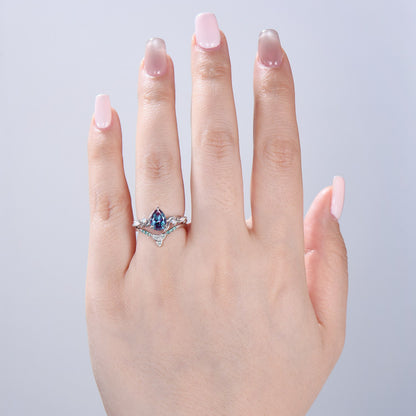 Unique Alexandrite Engagement Ring Set Infinity Opal Emerald Celtic Norse Viking Bridal Ring Set Art Deco Color Change Anniversary Ring - PENFINE