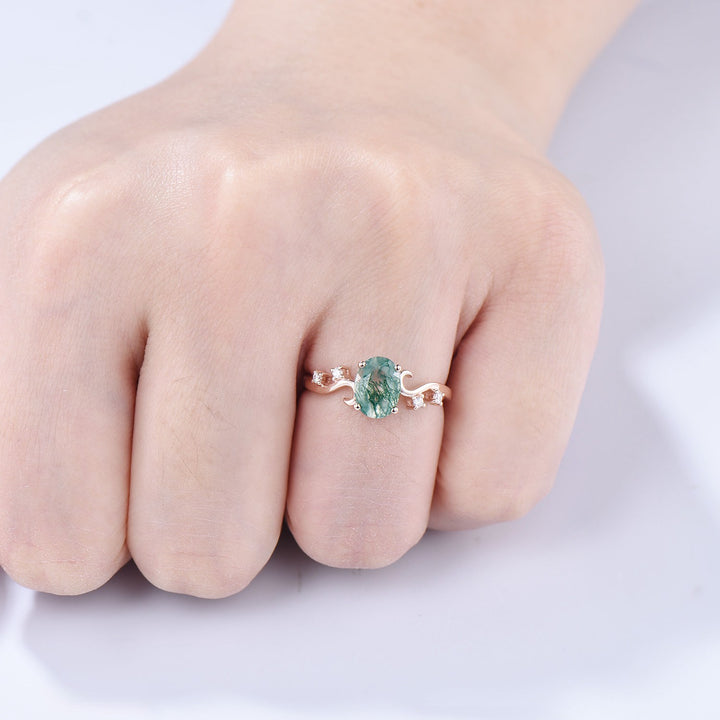 1.5CT Oval Natural Moss Agate Twist Engagement Ring Art Deco Silver Rose Gold Wedding Ring Garden Jewelry Mom's birthstone anniversary gift - PENFINE
