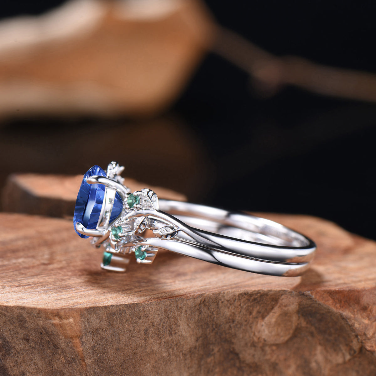 Oval Shaped Fantasy Cut Sapphire Leaf Bridal Set Emerald Nature Inspired Ring